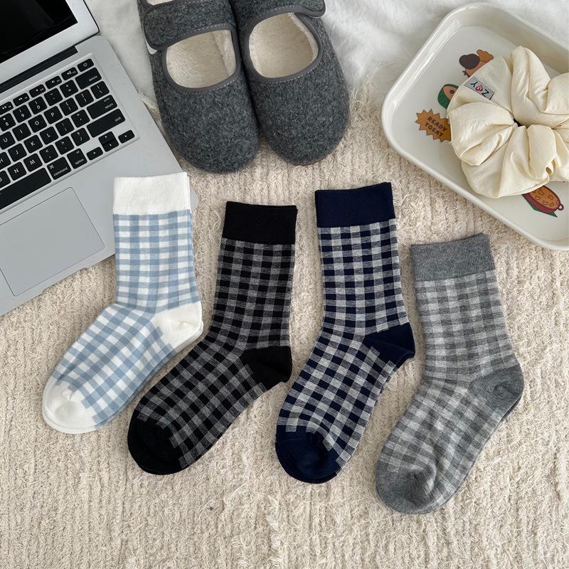 Korean Style Blue & White Plaid Mid-Calf Socks for Women - Academy Style, Perfect for Spring & Autumn, Ideal with Small Leather Shoes