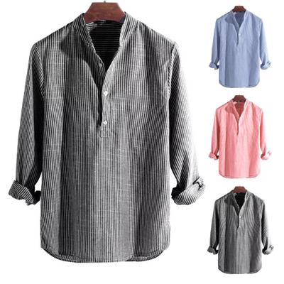 Men Shirt Striped Stand Collar Soft Long Sleeve Buttons Blouse for Dating