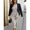 Women's Solid Color Round Neck Belted Slit Hem Midi Dress Casual Long Sleeve Shift Office Autumn