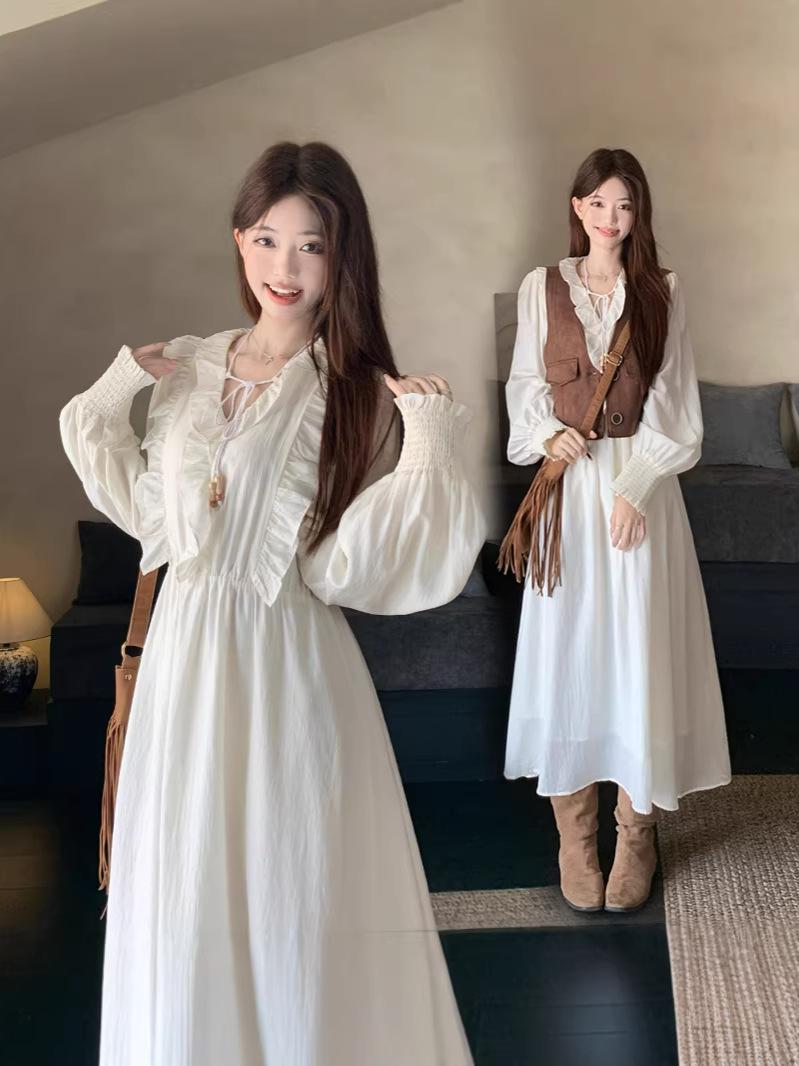 Plus Size Petite Two-Piece Suit: Temperament Long Sleeve Dress & Vest Set for 2026 Spring-Autumn L