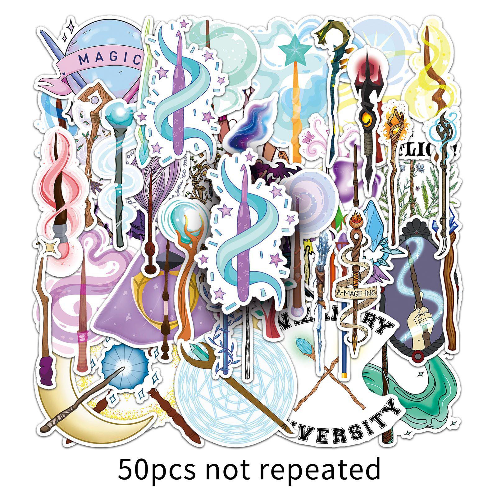 

50 Witch Magic Wand Cartoon Stickers - Waterproof Graffiti Decoration for Thermos Cups and Journals.
