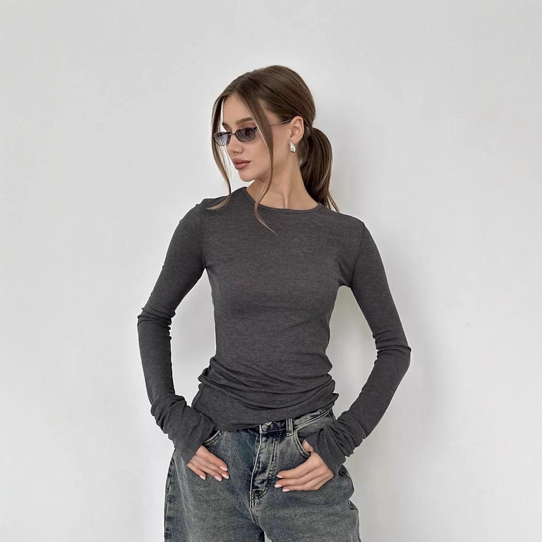 

Europe and the United States hot-selling women s clothing autumn new products solid color fashion slim-fitting crew neck horn long-sleeved top T-shirt L сірий колір