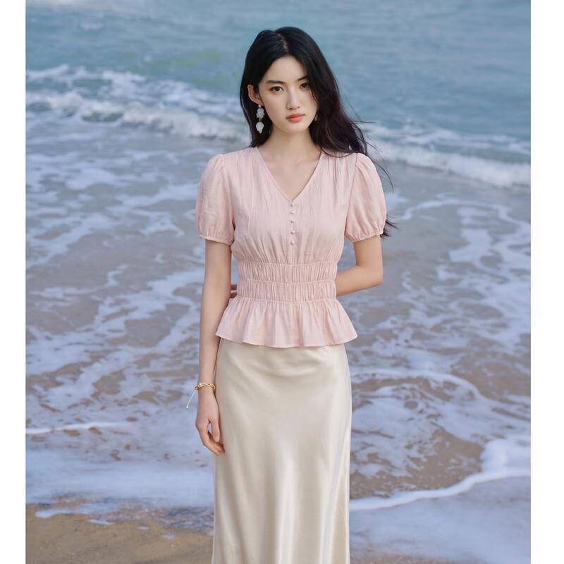 Qiushui Yiren Women s Ruffled Hem V-Neck Puff Sleeve Chiffon Blouse L