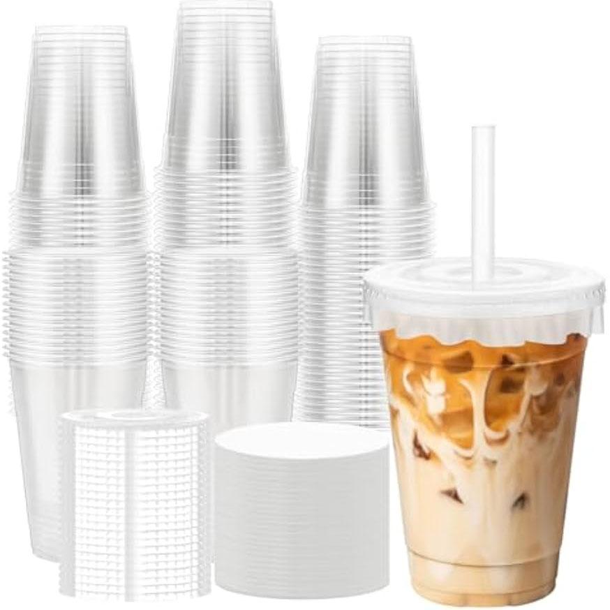 100 Pack 16 oz Plastic Cups, Disposable Iced Coffee Cups with Lids and Straws, Smoothies Milkshakes Juice, Sturdy Crystal Clear, Home Office Party