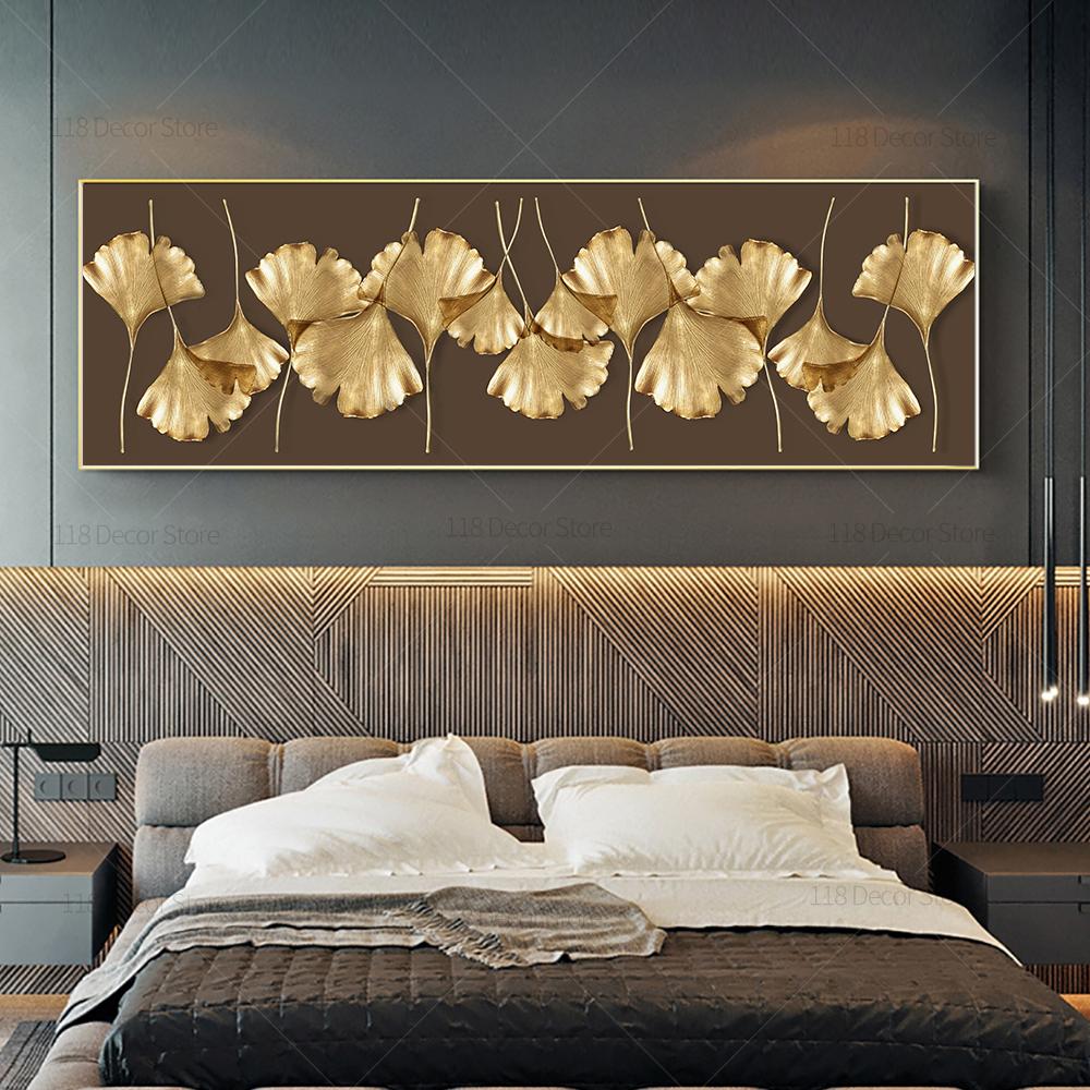 Pictură de lux cu plante abstracte pe perete, frunze de ginkgo auriu nordic, imprimeuri de poster, lucrări de artă pe pânză pentru decorarea camerei de zi