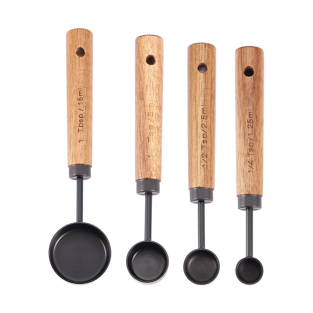 8-Piece Stainless Steel Measuring Cup & Spoon Set with Titanium Gold & Wooden Handles