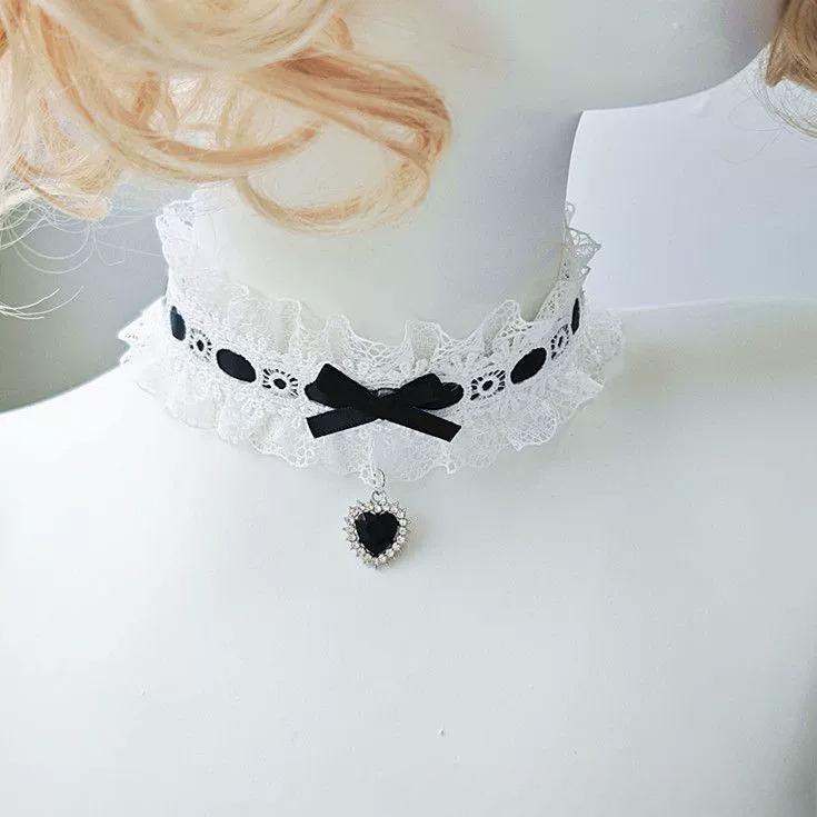 30cm Aesthetic Bow Lace Choker with Heart Gem Charm for Girls Necklace Collar Lcae Band Lolita Dancing Jewelry for Wedding Party