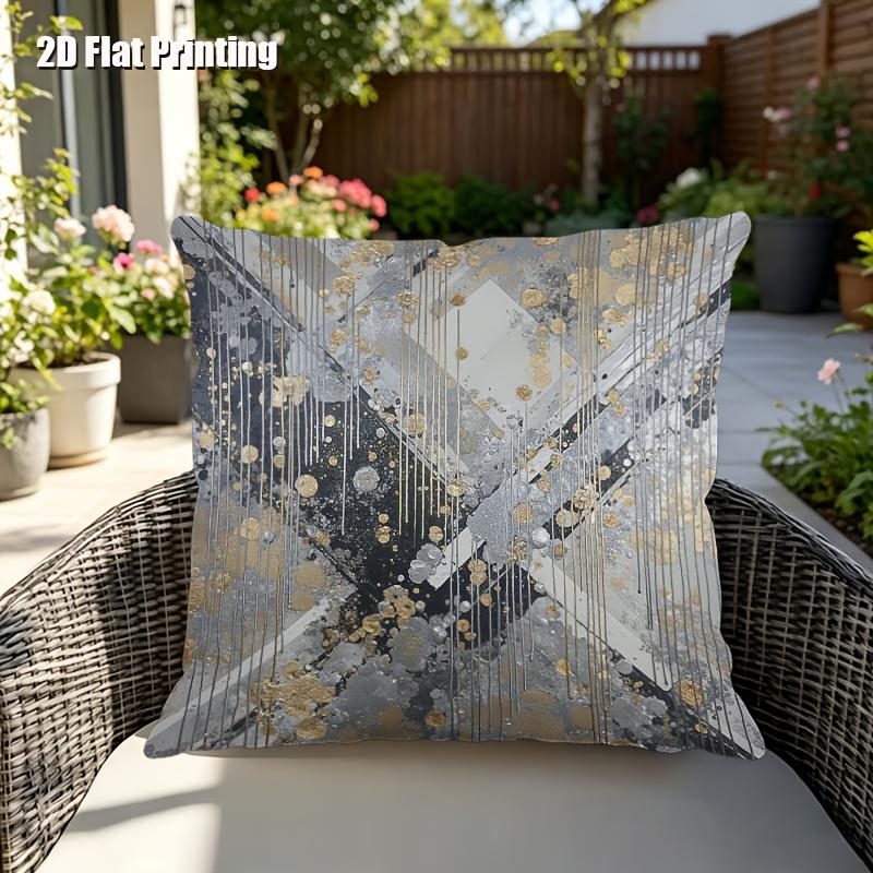 1pc Pillowcase, Abstract Painting Style, Featuring Geometric Patterns, Golden/Silvery Polka Dots, and Vertical Lines, 45cm*45cm, Soft and Smooth-touch