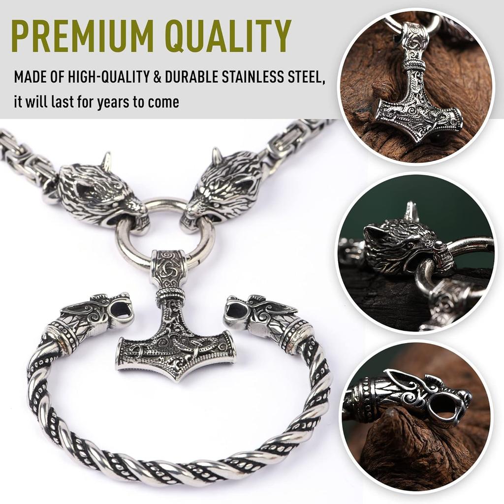 Collana Martello di Thor Vikingo Fatta a Mano in Acciaio con Teste di Lupo Ciondolo Mjolnir Gioielli Norreni per Uomo