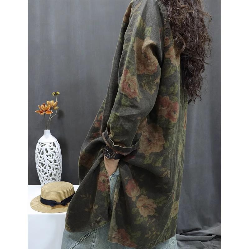 2026 New Cotton and Linen Retro Print Women's Mid-Length Shirt Dress with Stand Collar and Frog Buttons