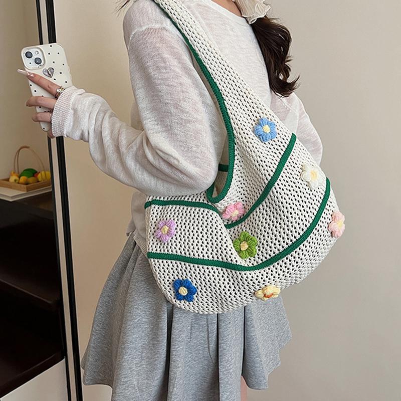 Fashion Knit Beach Bag for Women Large Capacity Summer Tote with 3D Floral Decor Girls Casual Shoulder Handbag Travel Bags KTB
