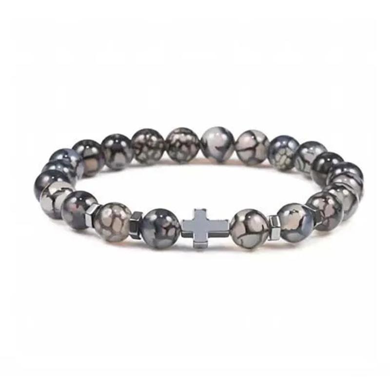 Kirykle 8mm Natural Volcanic Rock Tiger Stone White Pine Black Gallstone Cross Beaded Men's and Women's Bracelet Yoga Jewelry