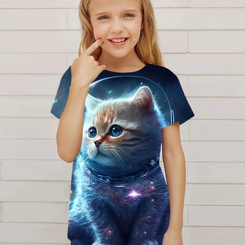 Children's clothing cute 3D cat pattern printed short sleeved top Children's clothing T-shirt casual pullover Children's boys and girls summer