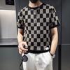 New Summer Versatile Knitted T-Shirts Ins Short-sleeved Fashionable Thin Plaid Hollow Slim Round Neck Trendy Top