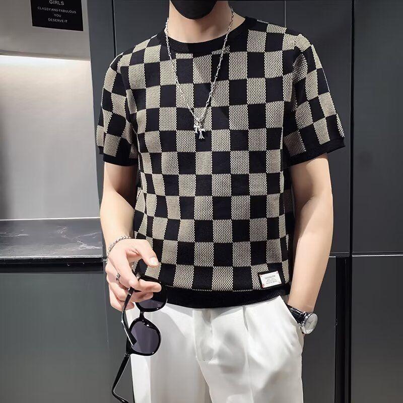 New Summer Versatile Knitted T-Shirts Ins Short-sleeved Fashionable Thin Plaid Hollow Slim Round Neck Trendy Top