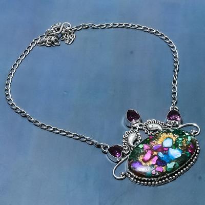 Natural Spiny Oyster, Amethyst Gemstone 925 Sterling Silver Necklace 18" m8F57