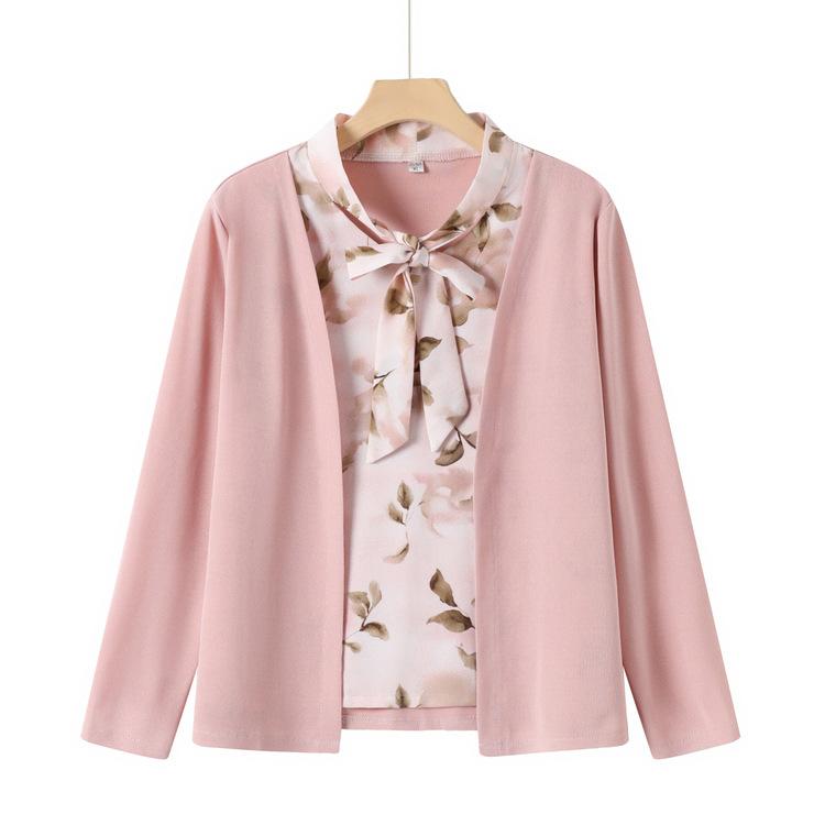 Fashion Shirts, Middle-aged and Elderly Women's Tops, Mothers Fashionable, Age-reducing Fake Two-piece Printed Shirts for Women In Autumn