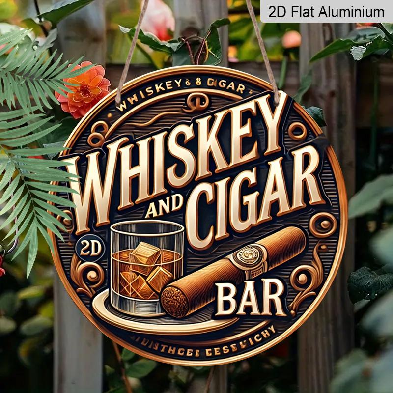 2D Flat, 1pc Round Aluminum Sign, "Whiskey and Cigar Bar" Vintage Design, Whiskey Glass & Cigar Metal Wall Art, Ideal for Man Cave, Bar, Garage, Gift