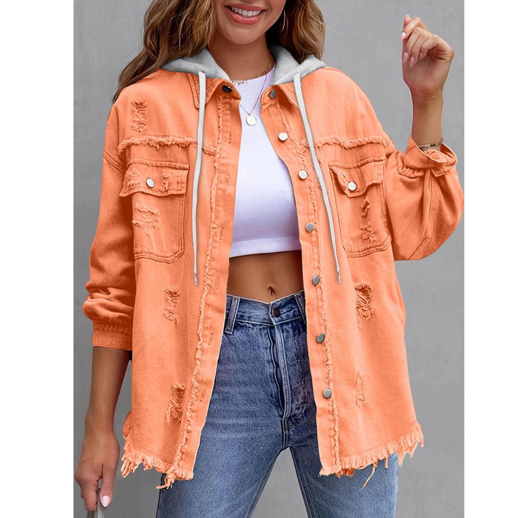 New Denim Hooded Jacket, Women's Solid Color Loose Jacket, Ripped Long-sleeved Women's Denim Shirt