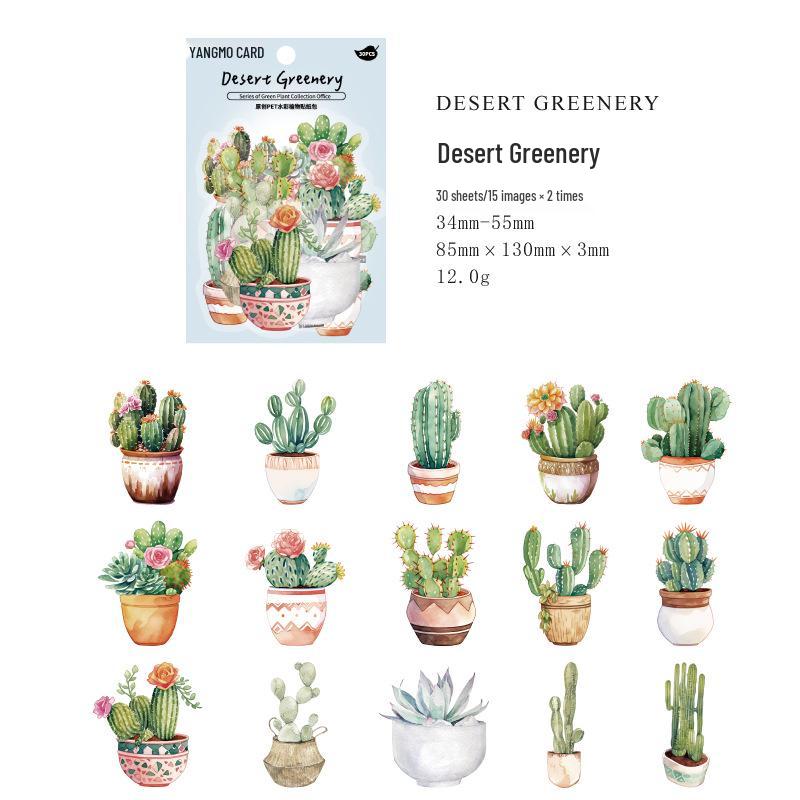 Momo PET White Ink Green Plant Sticker Pack: 30 Sheets, 6 Designs for Journal DIY Decoration