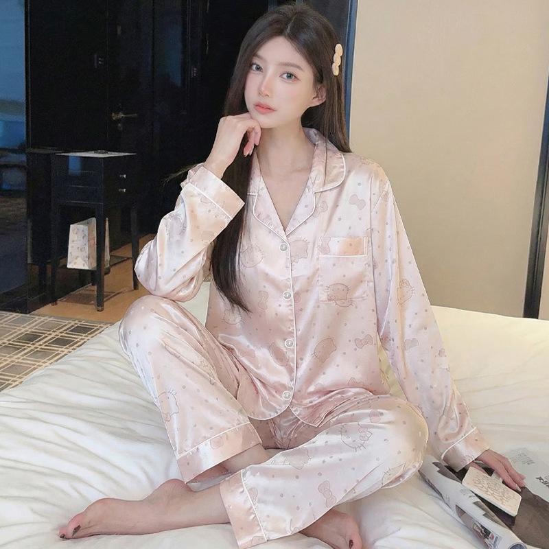 Ice Silk Pajamas Women'S Spring And Summer Thin Long-Sleeved Trousers Fashion Cool Cardigan Loungewear Suit Can Be Worn Outside