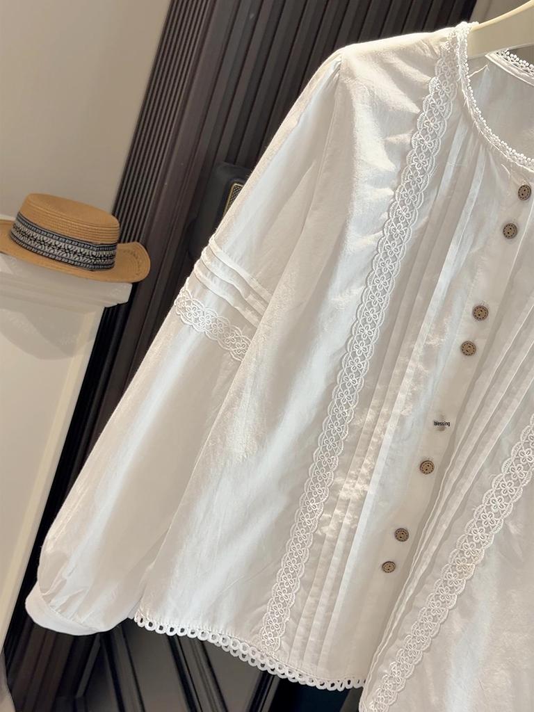 Women's Retro White Lace Trim Blouse - Long Sleeve, Loose Fit for Spring & Autumn 2026