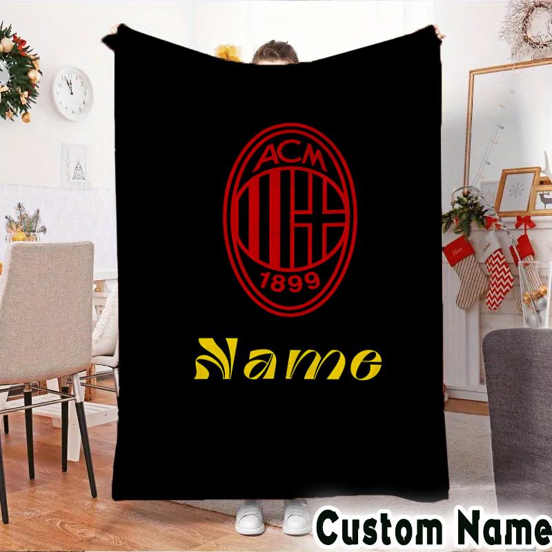 Custom Name Milan Team Crest Throws Blanket Flannel Blankets for Couch Bed Gifts for Men Women Picnic Blanket Christmas Fan Gifts