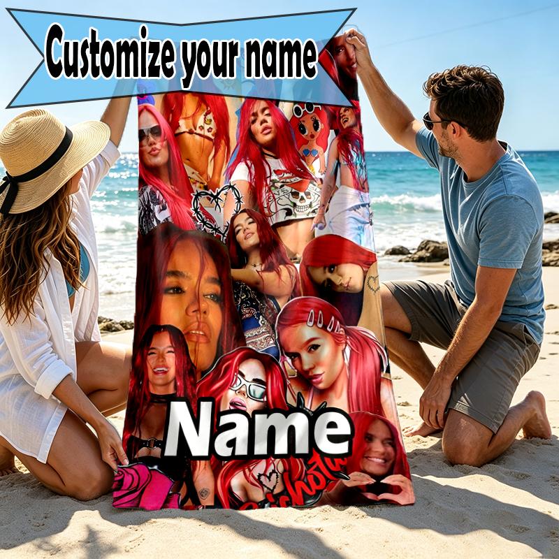 Custom Name Personalized Karol G Print Beach Towel, for Trip Camping Beach Party Home Decor, Birthday Gift for Family & Friends