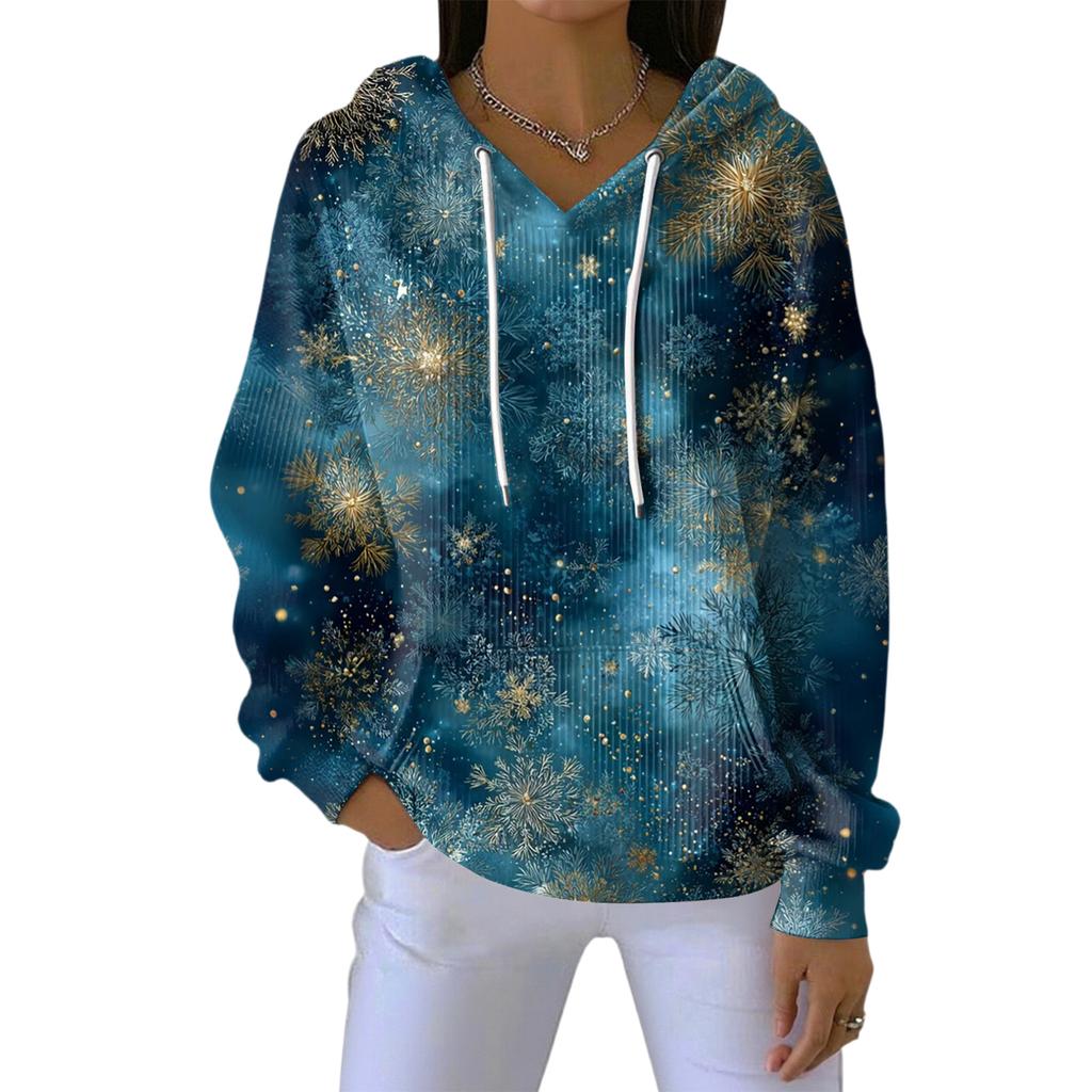Women's Loose Comfortable Casual Fashion V-Neck Christmas Print Long Sleeve Hoodie