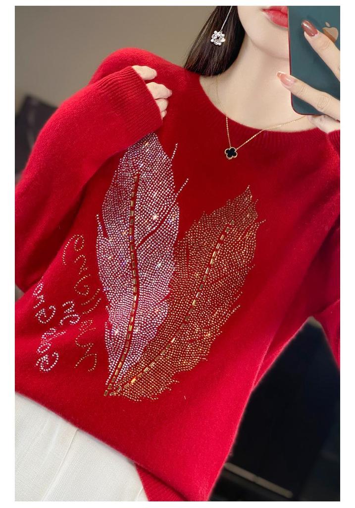 2024 Women's Zodiac Red Wool Sweater - Long Sleeve, Round Neck, Half High Neck