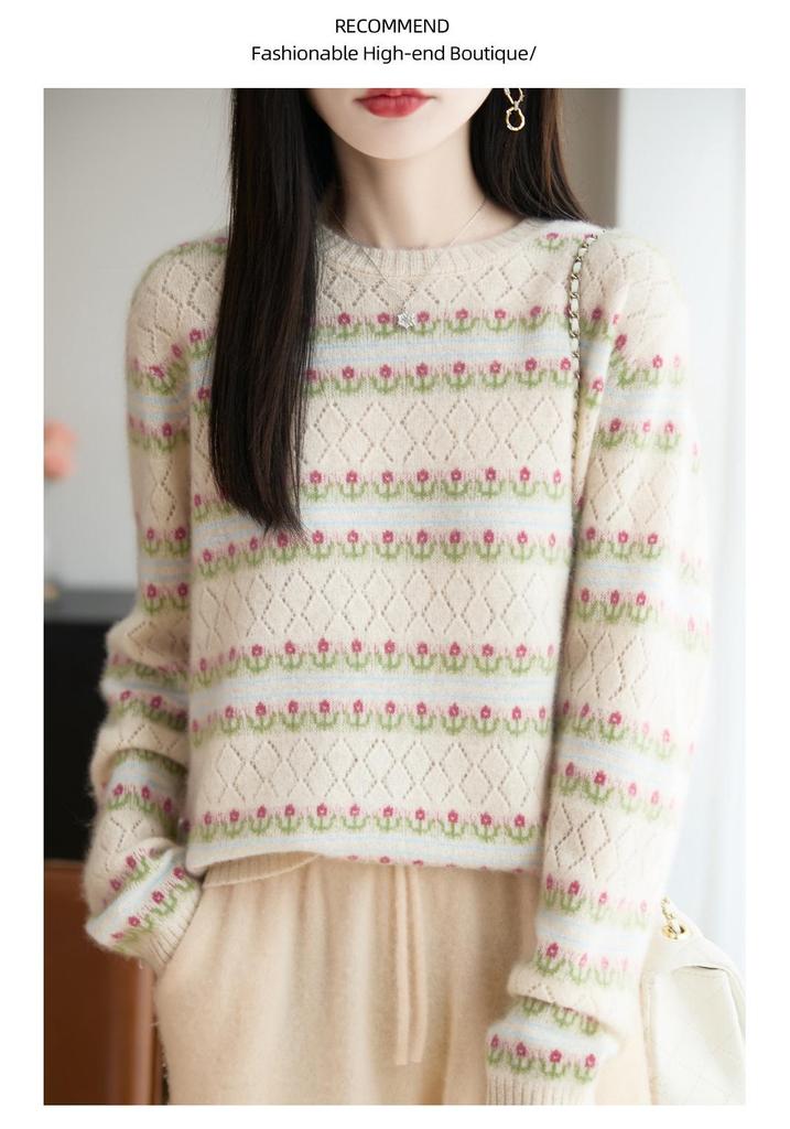 Women's 100% Wool Striped Round Neck Jacquard Knit Sweater with Long Sleeves