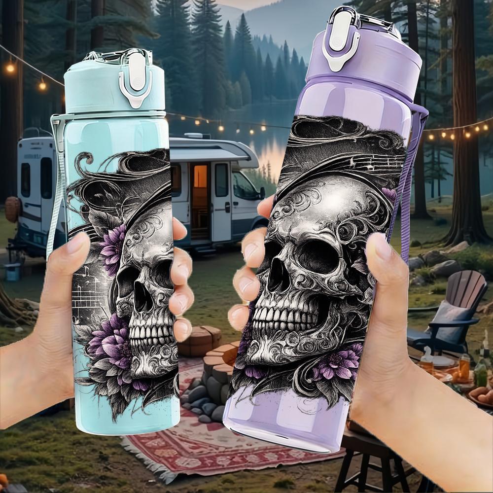 1PC Floral Vine Wrapped Dark Skull Bust 750ml Color Plastic Water Bottle Leakproof Flip Straw Lid For Sports Office Home Use
