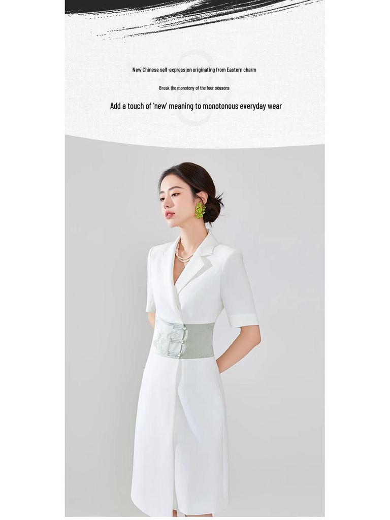 Summer Asymmetrical Color Block Chinese Style Dress - Women's Professional Short Sleeve Workwear