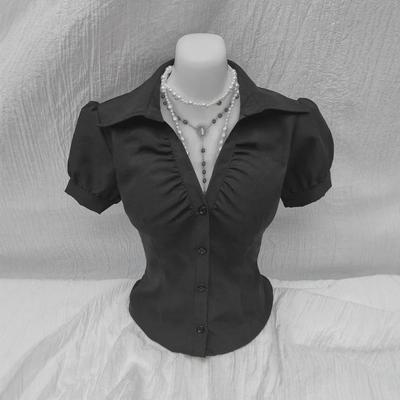 European & American 2025 Fashion: V-Neck Pleated Slim Short-Sleeve Ladies Shirt