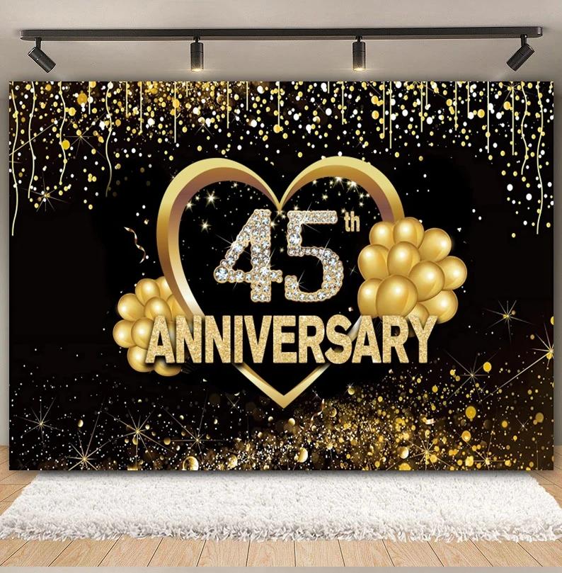 Happy Anniversary Backdrop Gold Balloon Glitter Love Heart Flower Birthday Party Bridal Shower Wedding Photography Background