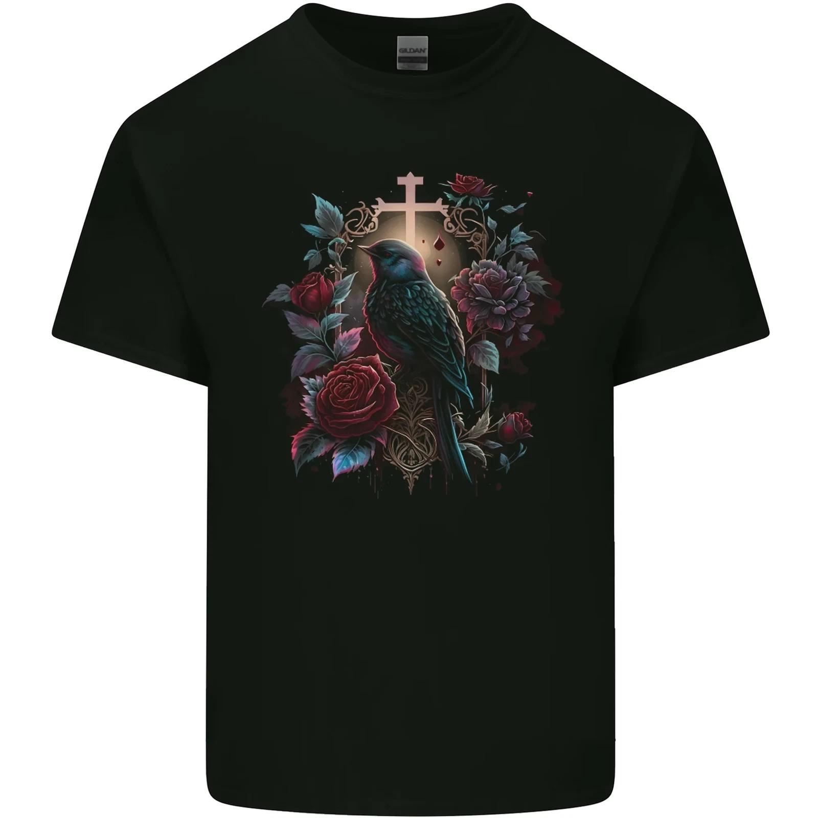 A Gothic Bird and Cross in Roses Gothic Kids T-Shirt Childrens S