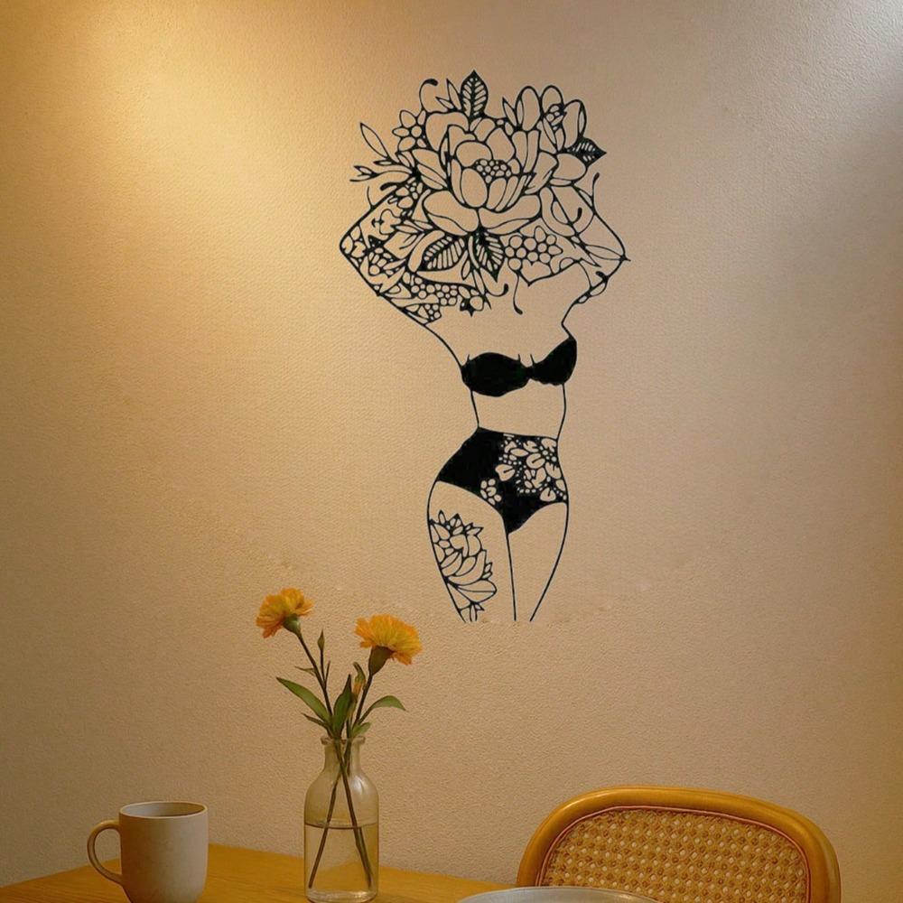 Flower Theme Metal Wall Art Abstract Line Sculpture Women Figure Home Decor Gift Set Waterproof Rustproof Durable