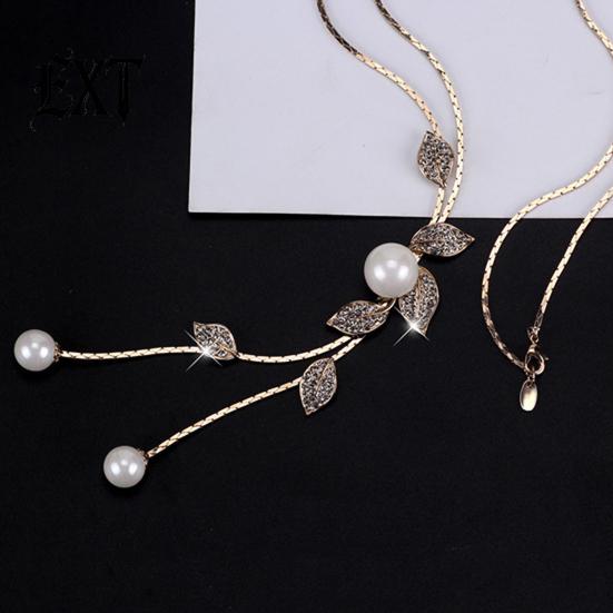 Exquisite Necklace Faux Pearl Tassel Leaves Pendant Beautiful Accessories Sweater Chain Jewelry Gift for Women