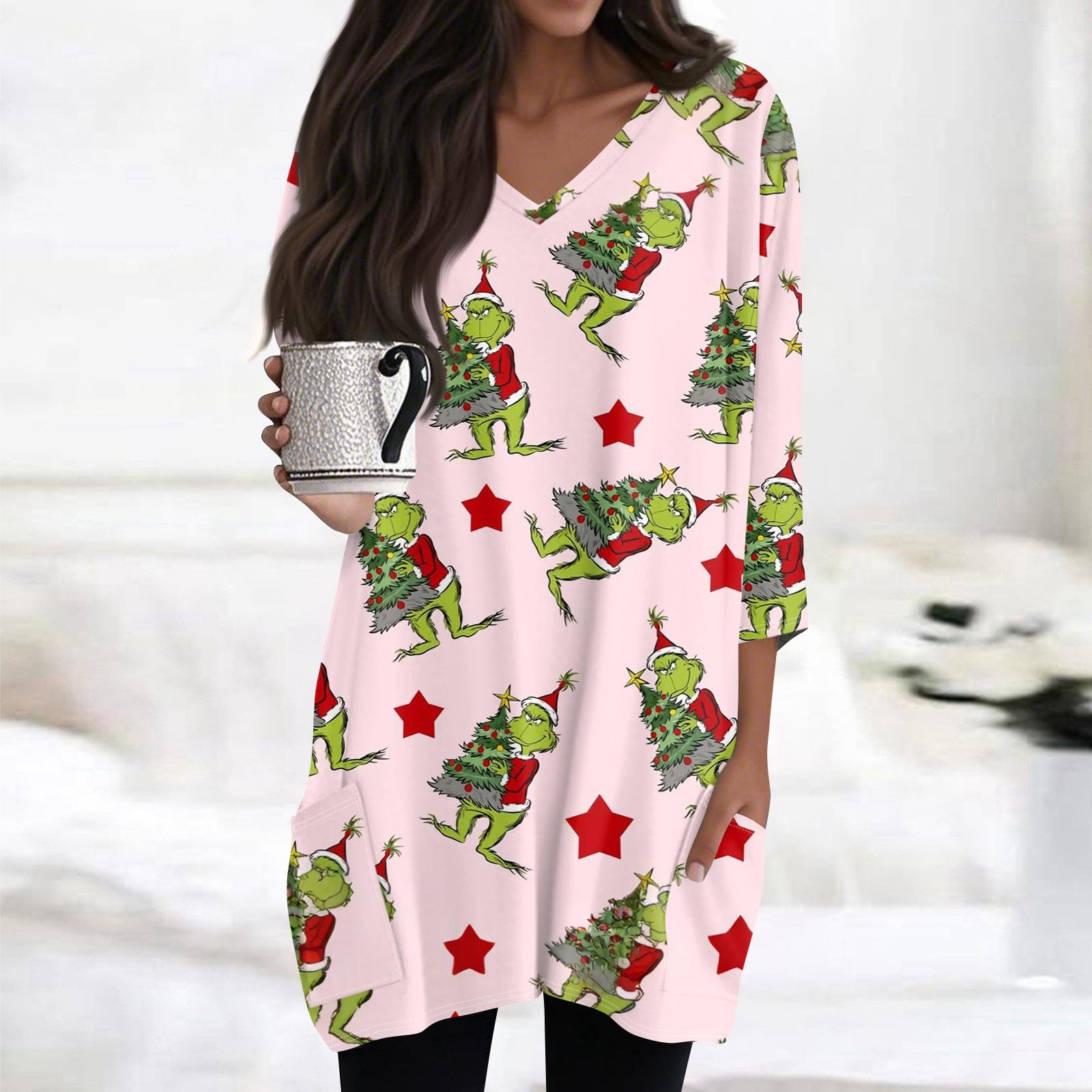 

Женские топы с V-образным вырезом и рукавом 3/4, повседневные блузки средней длины, модные туники с рождественским принтом и карманами L розовый