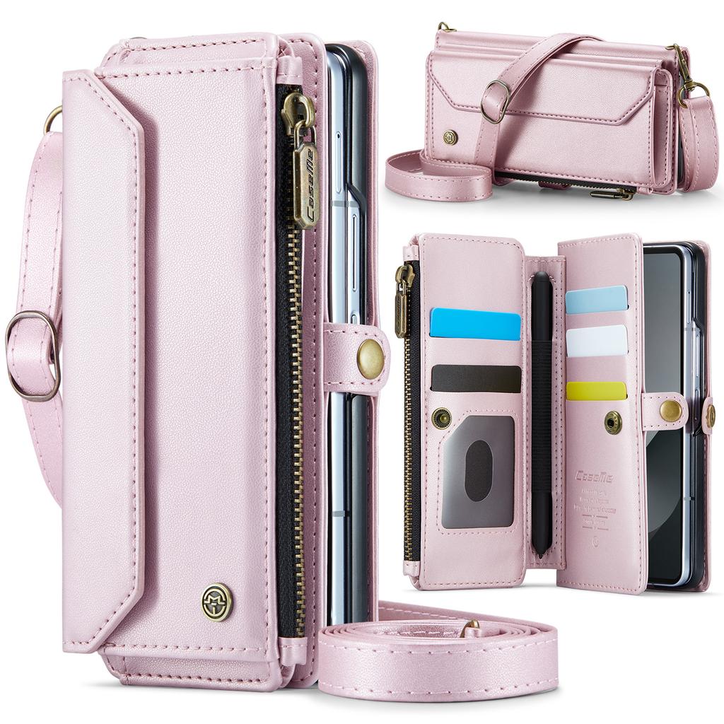 Crossbody Cards Solt Zipper Wallet Leather Case For Samsung Galaxy Z Fold 6 5 4 3 5G Purse Bag Pocket S-Pen Holder Lanyard Cover