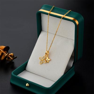 Collar de trébol de acero inoxidable, cadena cruzada de circonita con incrustaciones de diamantes creativa para mujer