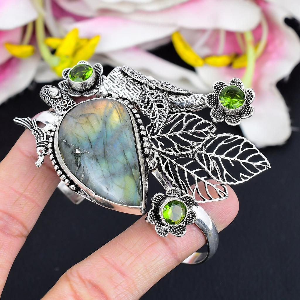 Labradorite, Peridot Gemstone 925 Sterling Silver Cuff Bangle Adjustable KG-1884