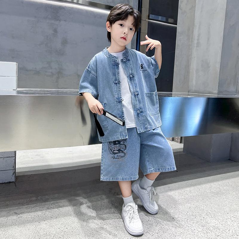Boys' Summer Denim Set 2026 New Mid To Large Children's Summer Boys' Thin Short Sleeve Children's Loose Top Trendy
