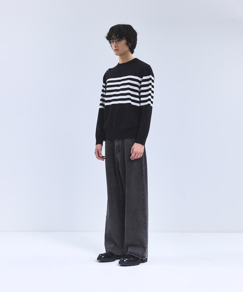 IRONYPORNO WHITELINE 86-Iroj366 Solid Striped Long Sleeve Knit Black