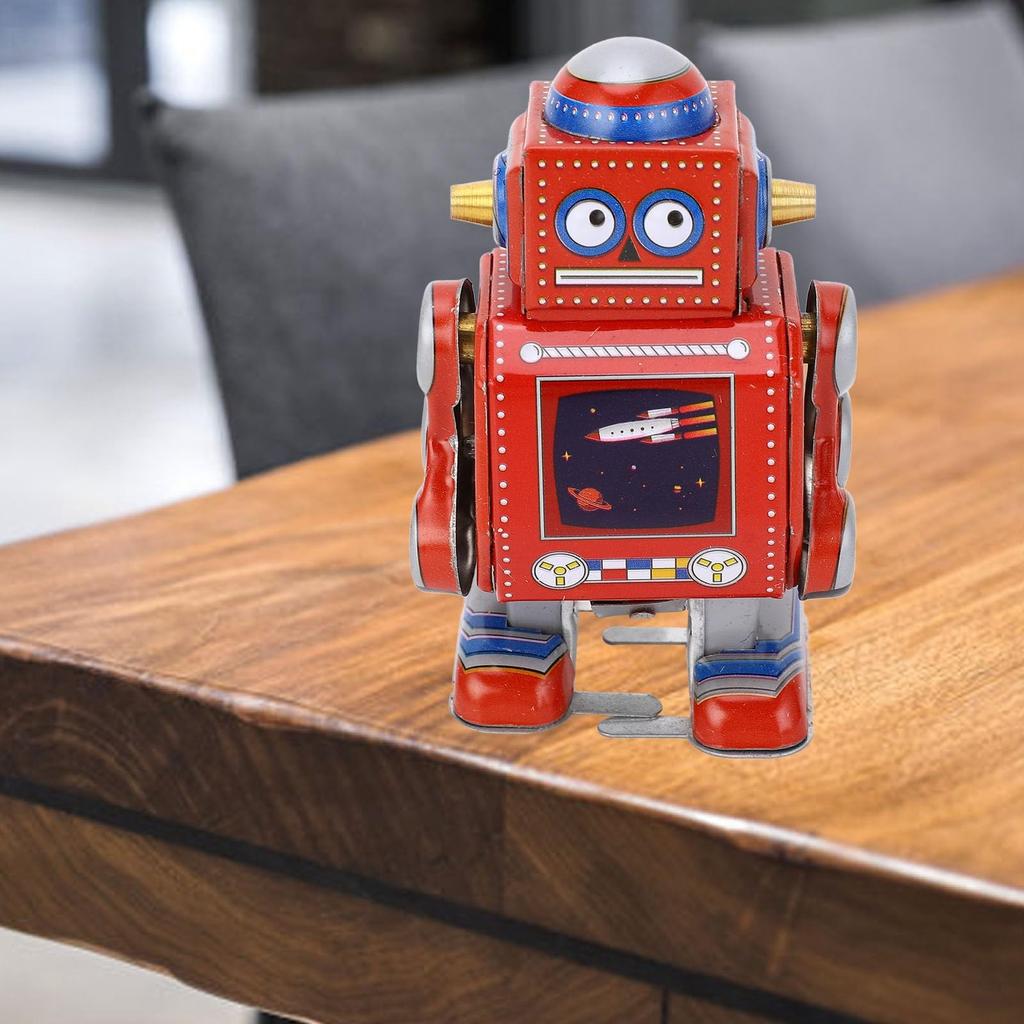Robot Vintage Metal Tin Funny Vintage Mechanical Kids Classic Clockwork Tin Tabletop Bookshelf Decorative for Cafes and Bars Wind-up Toy, Robot, Toy,