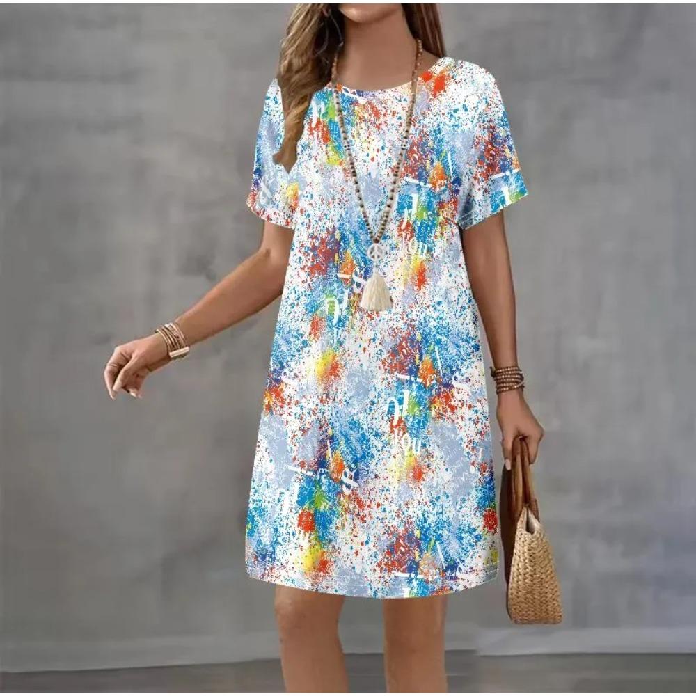 Creative Colorful Patterns 3D Printing Dresses Women Fashion Summer Loose Plus Size Comfortable Breathable Short Sleeve Dresse