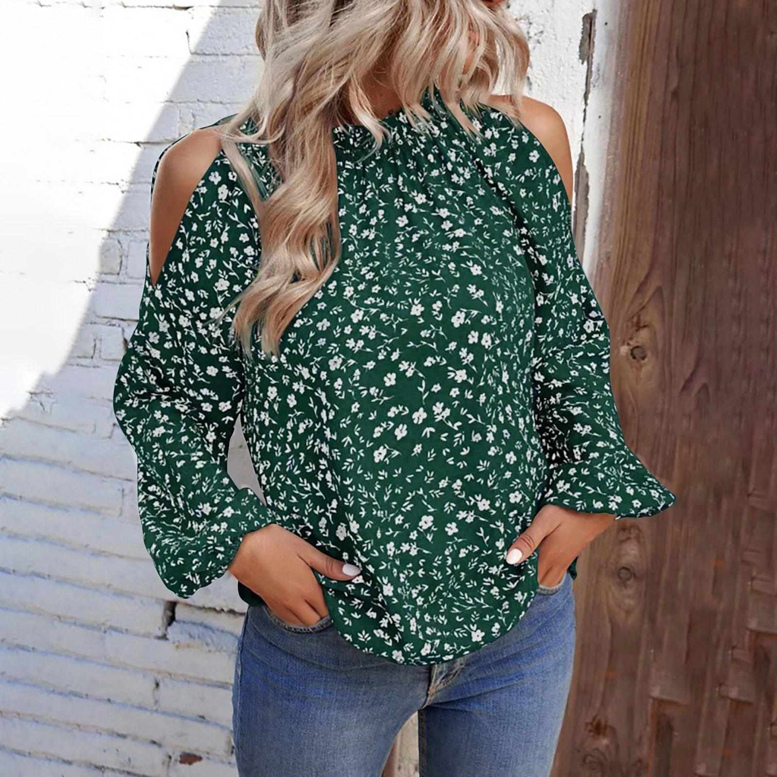 

Женский модный топ с открытыми плечами и длинными рукавами с цветочным принтом XL зелёный