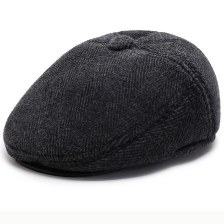

HT2630 Beret Cap Autumn Winter Beret Thick Warm Earflap Cap Men Vintage Wool Felt Hat with Ear Flap Male Flat Cap L 58-60cm чорний
