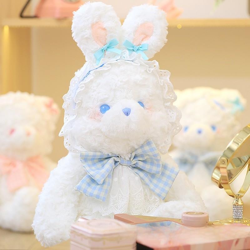Plush Rabbit Bear Doll With Lace And Checkered Bow Decor For Girls Kids Birthday Gift And Sleep Support