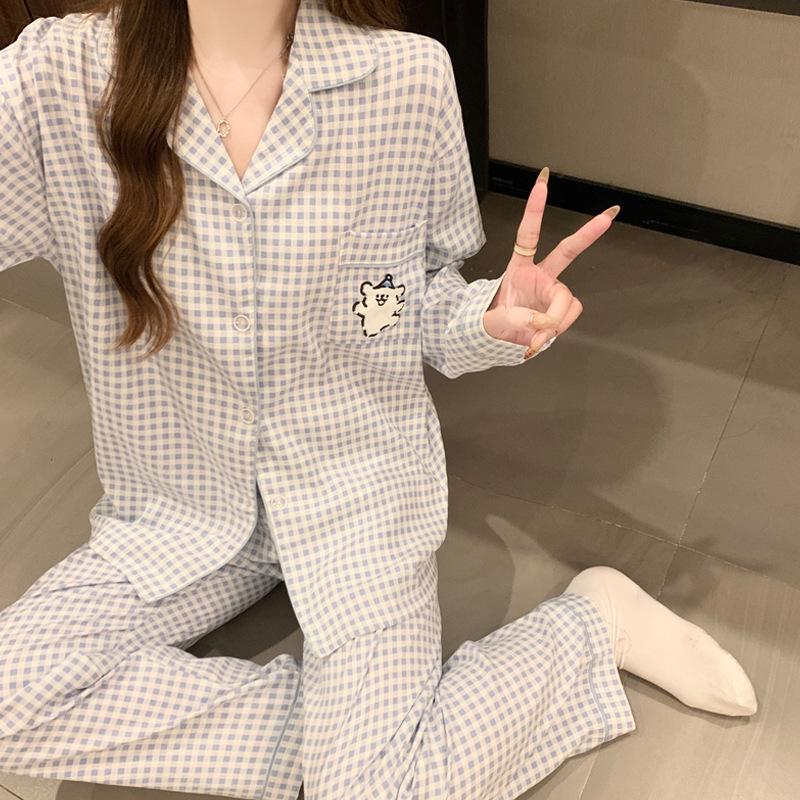 Girls Line Puppy Plaid Pajamas Women'S Cloud Cotton Thin Long Sleeve Suit Loungewear